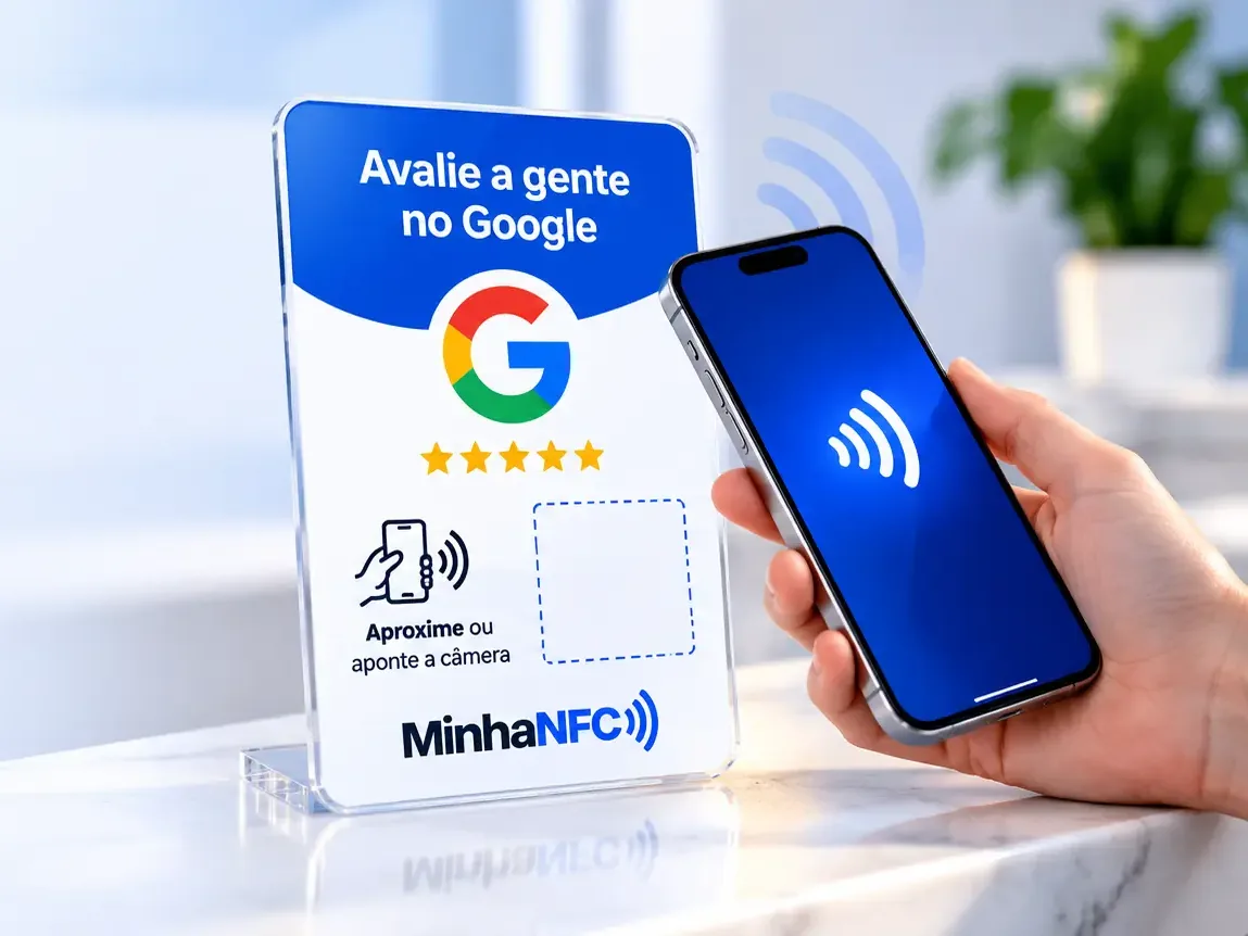 Celular sendo aproximado de uma plaquinha Minha NFC “Avalie a gente no Google” sobre um balcão claro