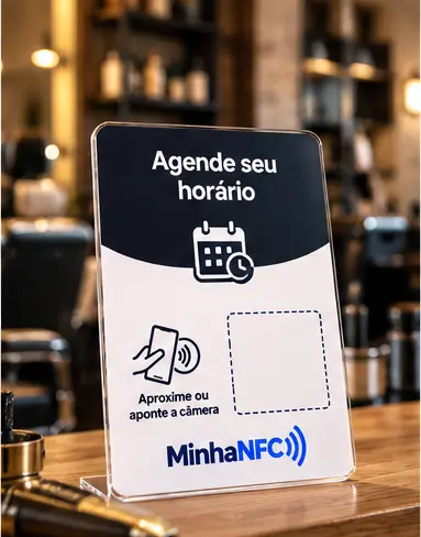 Plaquinha “Agende seu horário” na bancada de uma barbearia